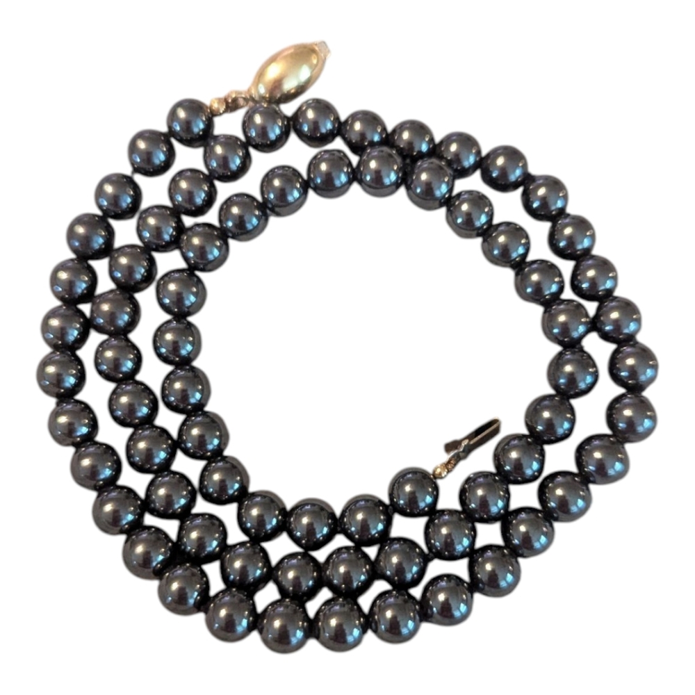 VTG 90s Polished Black Metallic Hematite Beaded Necklace W 18K Gold Clasp 18"